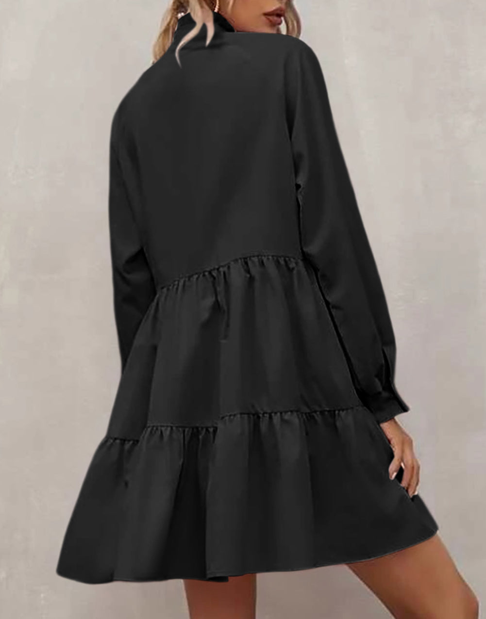 Frilled Stand Collar Long Sleeve Ruffle Dress