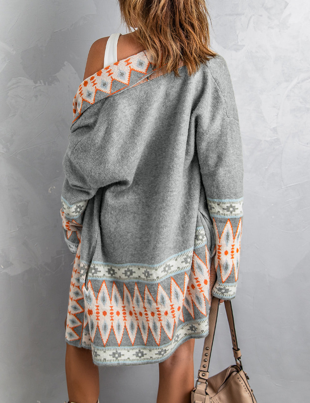 Aztec Print Open Front Knitted Cardigan