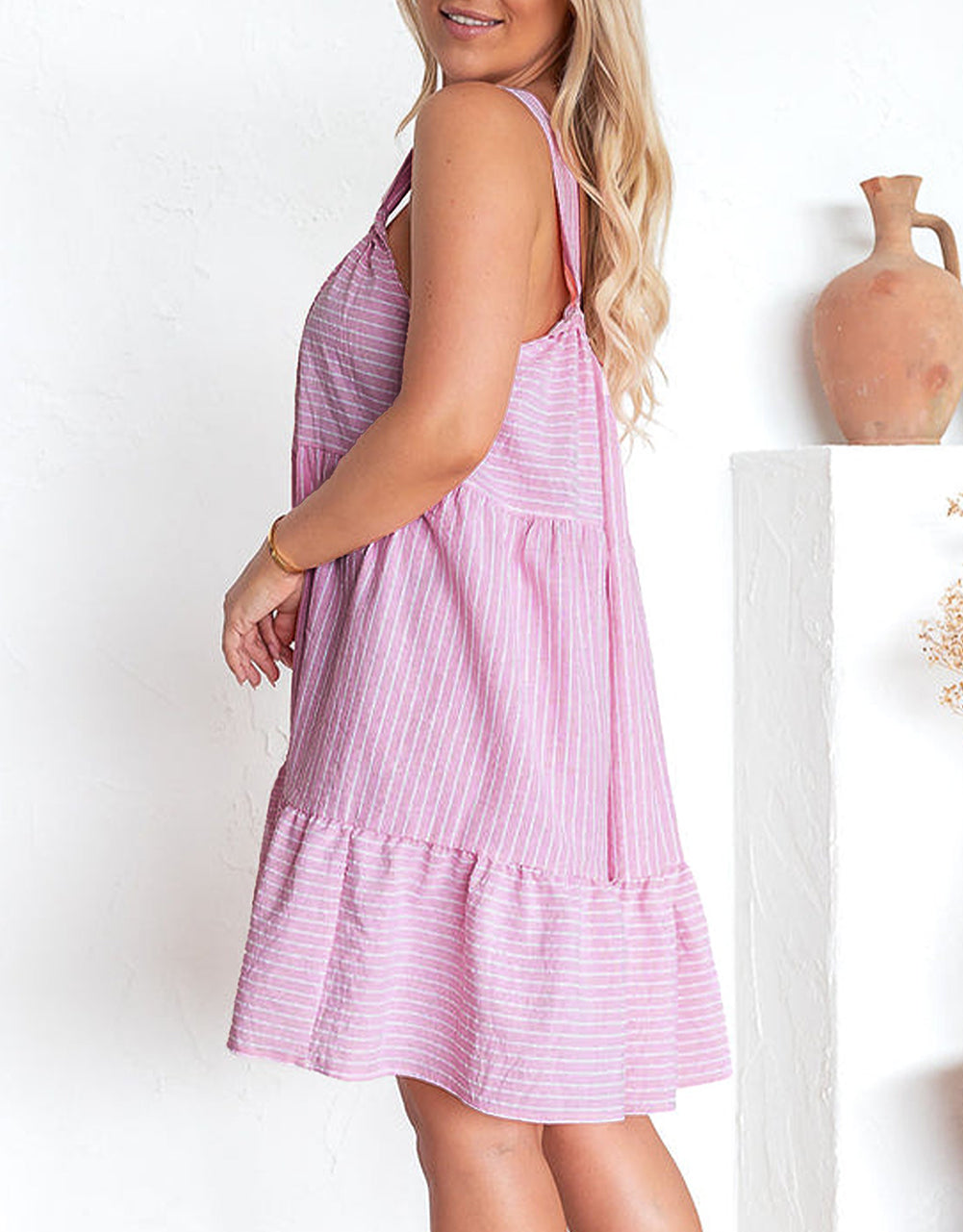 Stripe Pinstriped Ruffled Hem Sleeveless Mini Flared Dress