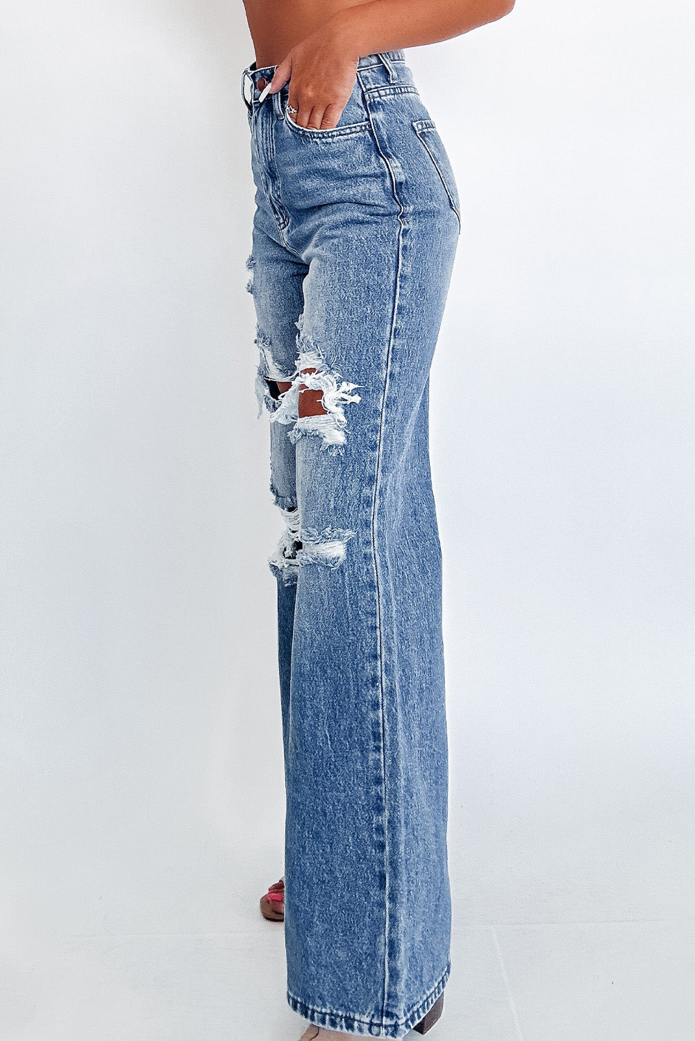 Acid Wash Distressed Wide Leg High Waist Jeans