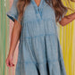 Mineral Wash Crinkle Split Neck Raw Hem Tiered Dress