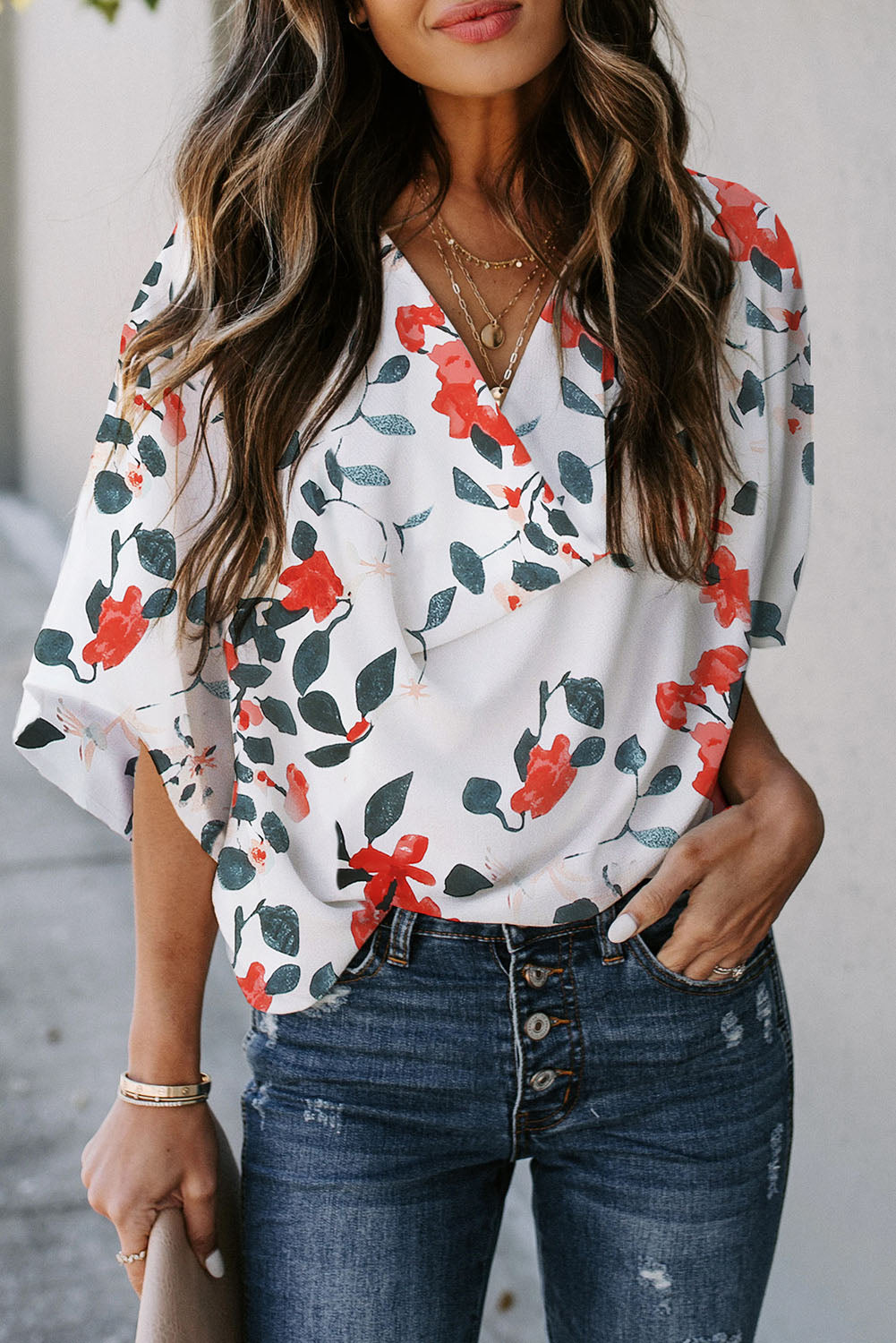 White Floral Print Drape V Neck Short Sleeve Blouse