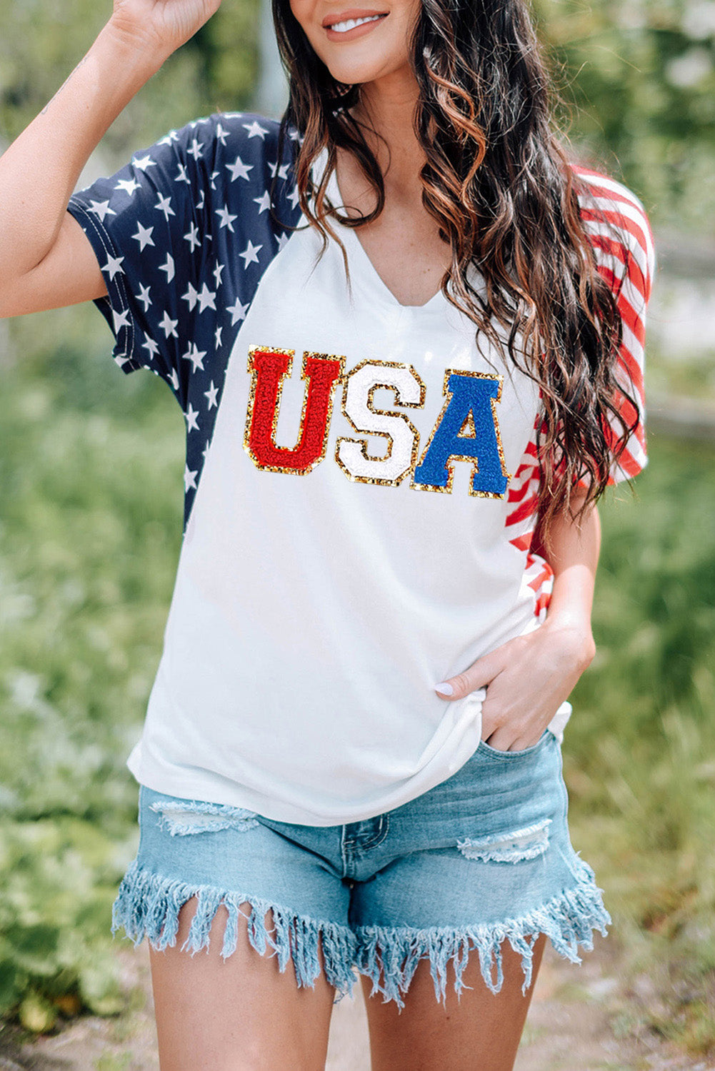 Chenille USA Stars and Stripes Printed V Neck T Shirt