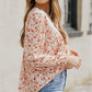 Red Floral Print Lace Contrast V Neck Blouse
