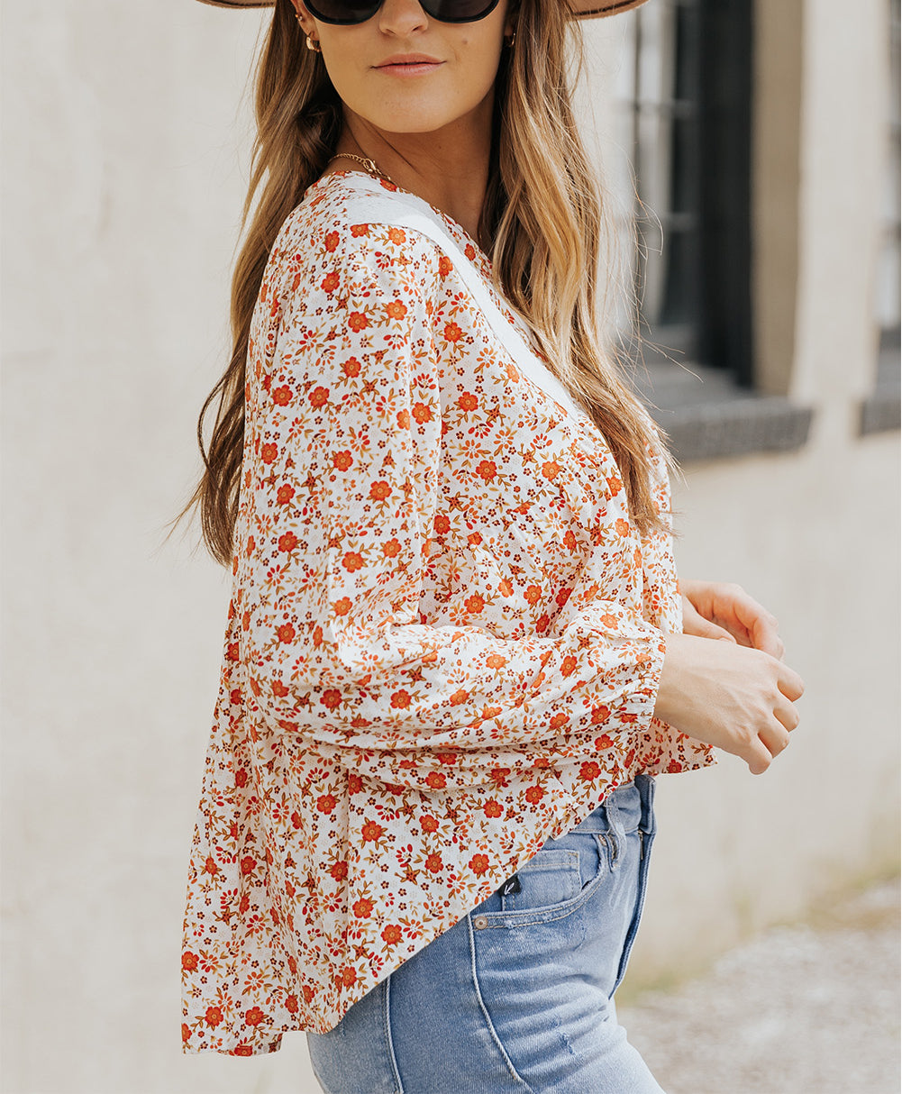 Red Floral Print Lace Contrast V Neck Blouse