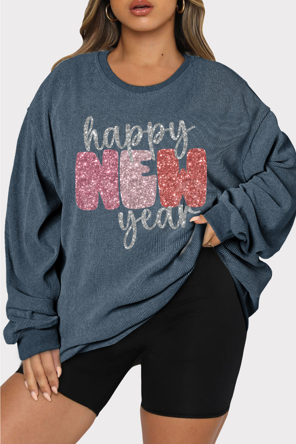 Plus Size Sequin Happy New Year Graphic Corded Sweatshirt