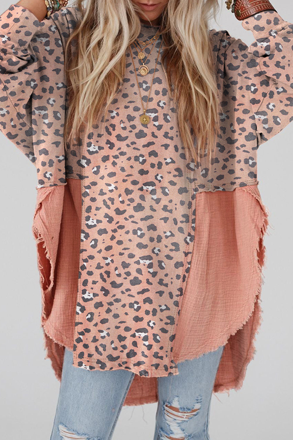 Raw Edge Leopard Patchwork Oversized Blouse