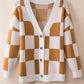 Contrast Checkered Print Button Up Sweater Cardigan