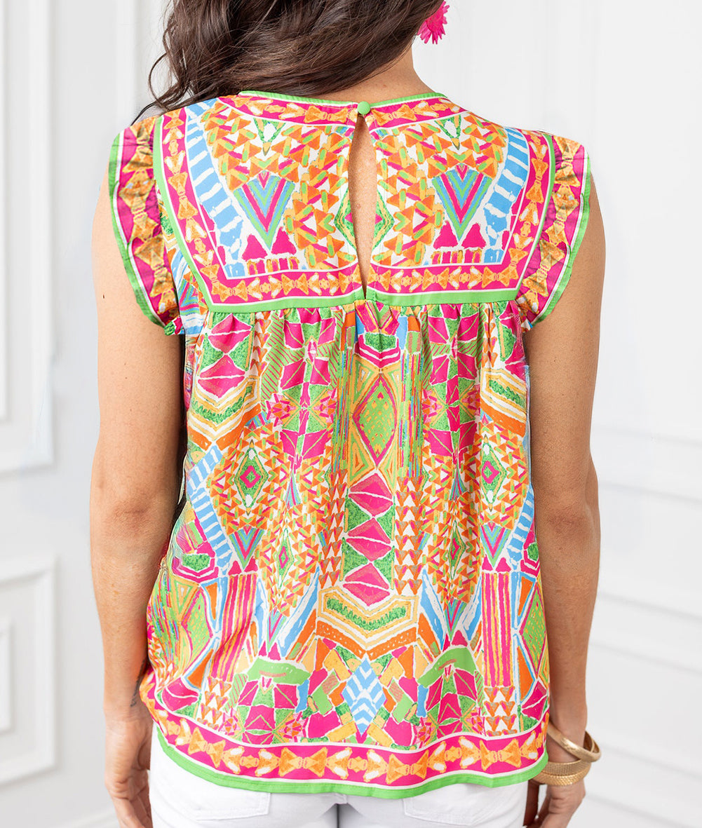 Geometric Print Ruffled Trim Tank Top