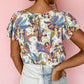 Floral Buttoned Round Neck Ruffled Sleeve Blouse