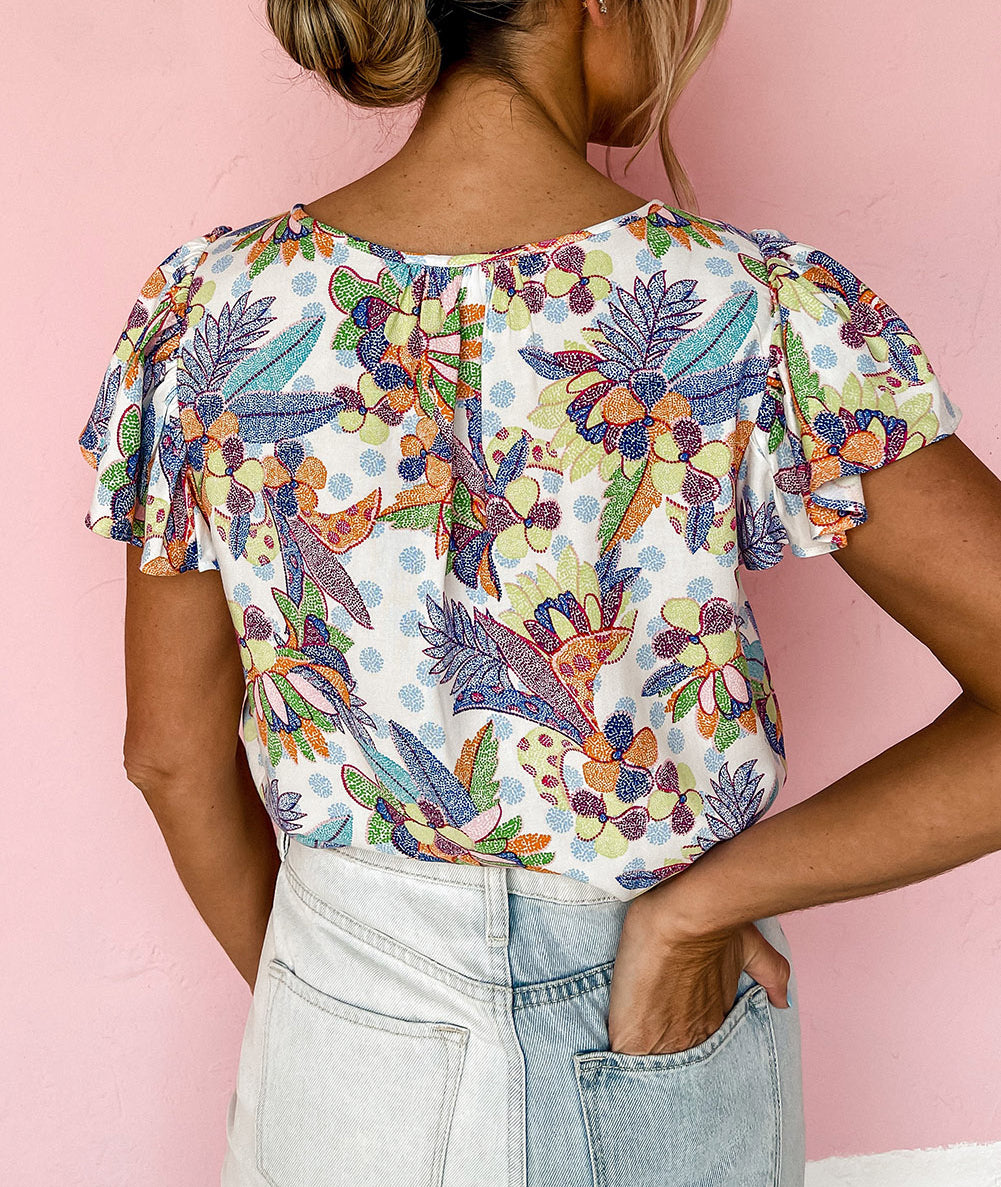 Floral Buttoned Round Neck Ruffled Sleeve Blouse