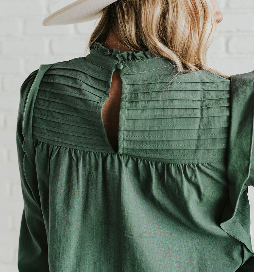 Solid Color Stand Neck Ruffled Puff Sleeve Blouse