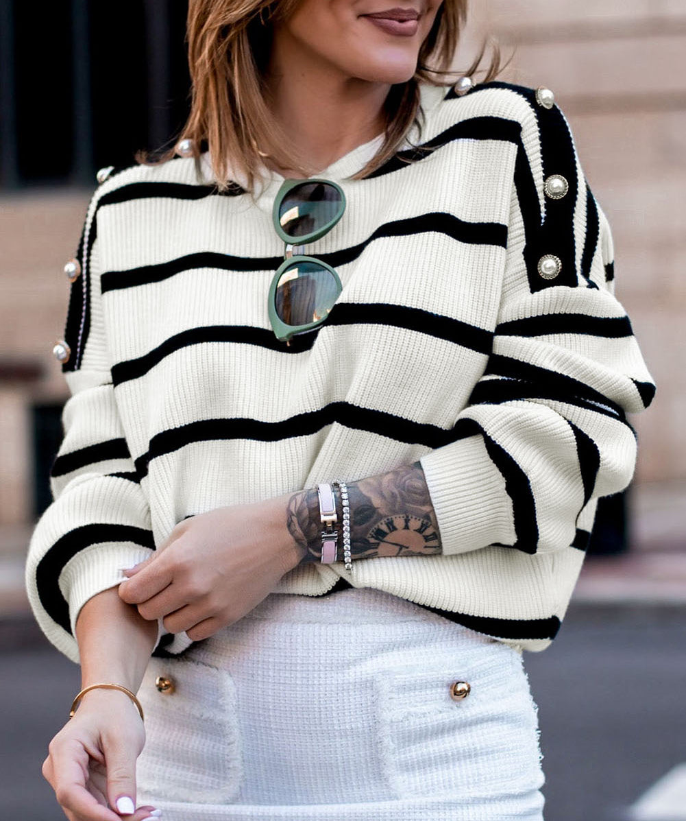 Stripe Buttoned Decor Sweater