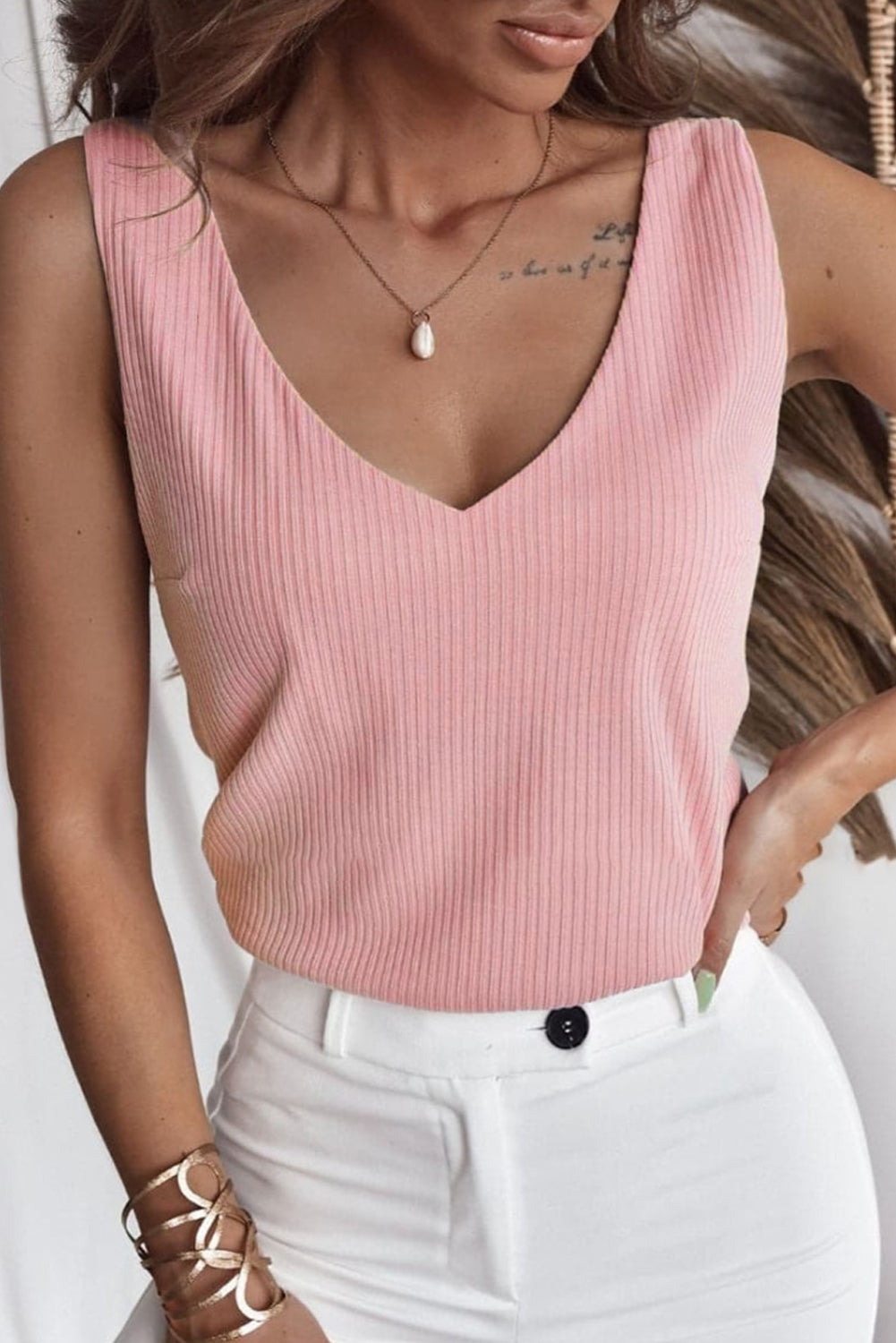 V Neck Rib Textured Tank Top