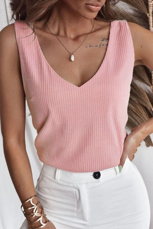 V Neck Rib Textured Tank Top