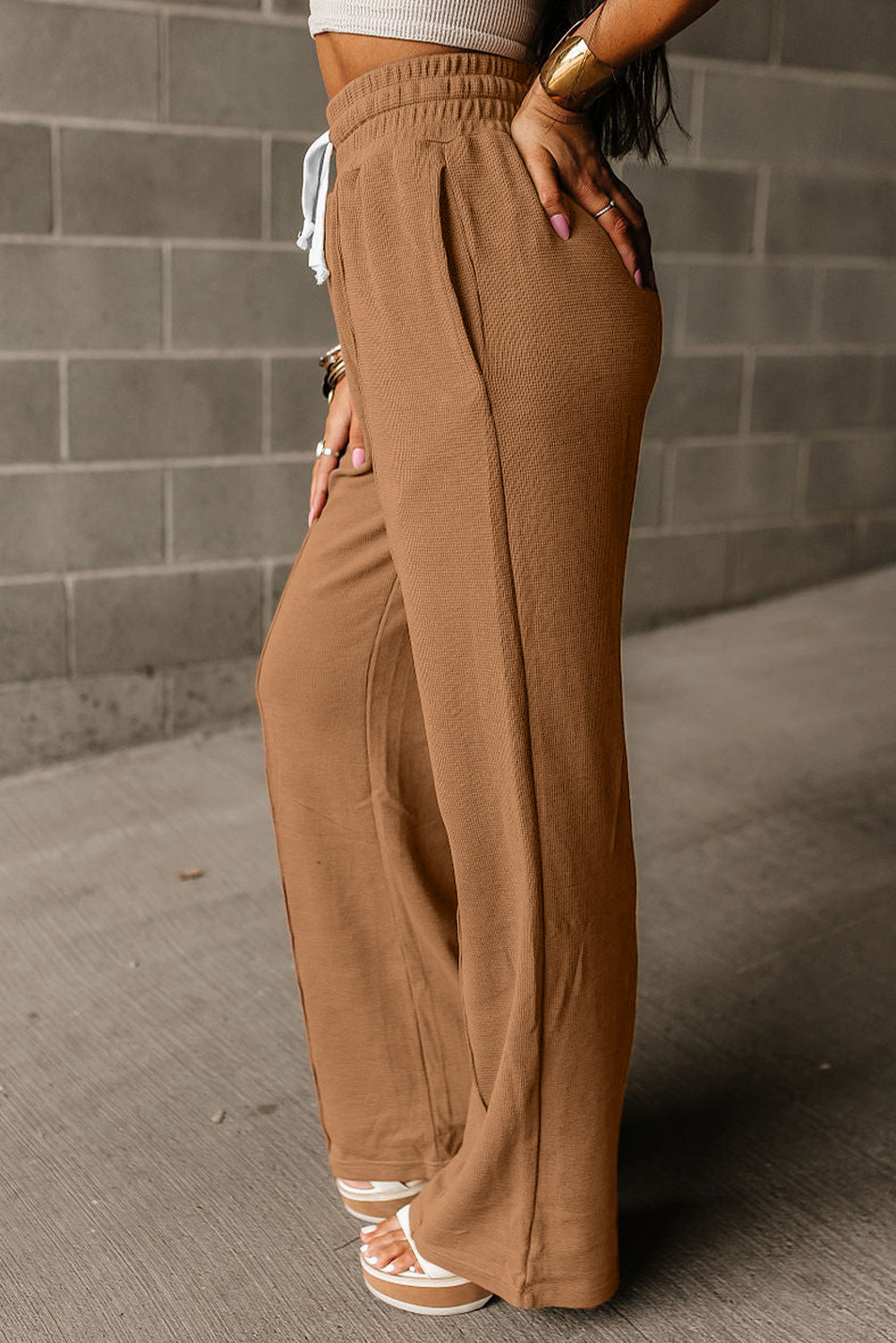 Drawstring High Waist Wide Leg Waffle Knit Pants