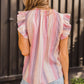 Pink Striped Print Crew Neck Ruffle Blouse