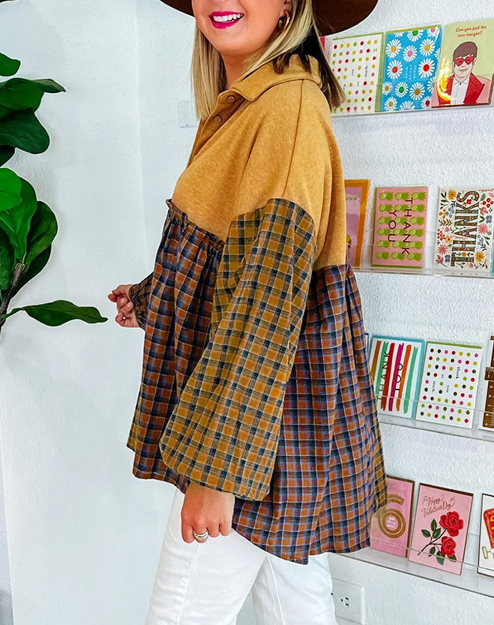 Contrast Plaid Print Puff Sleeve Shirt