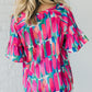 Abstract Brushwork Print Buttoned V Neck Blouse