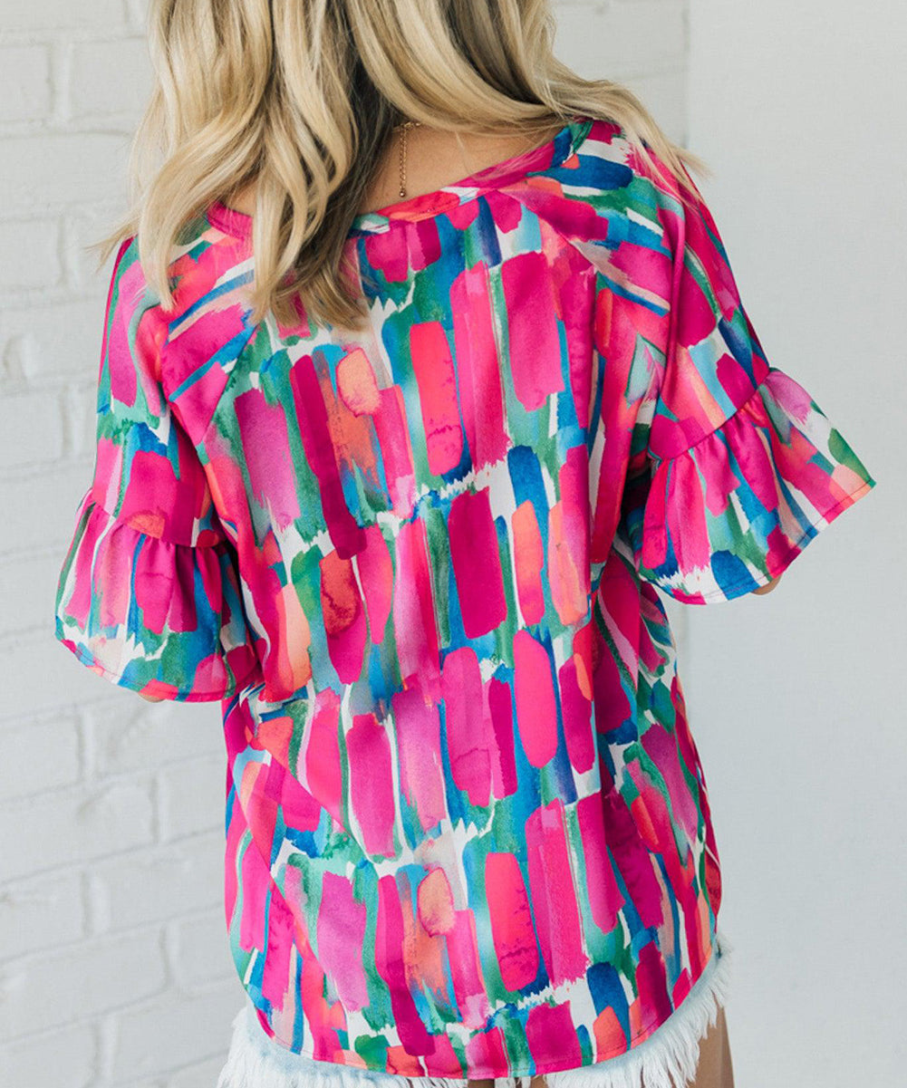 Abstract Brushwork Print Buttoned V Neck Blouse