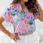 Abstract Floral Print Notch V Neck Rolled Short Sleeve Blouse