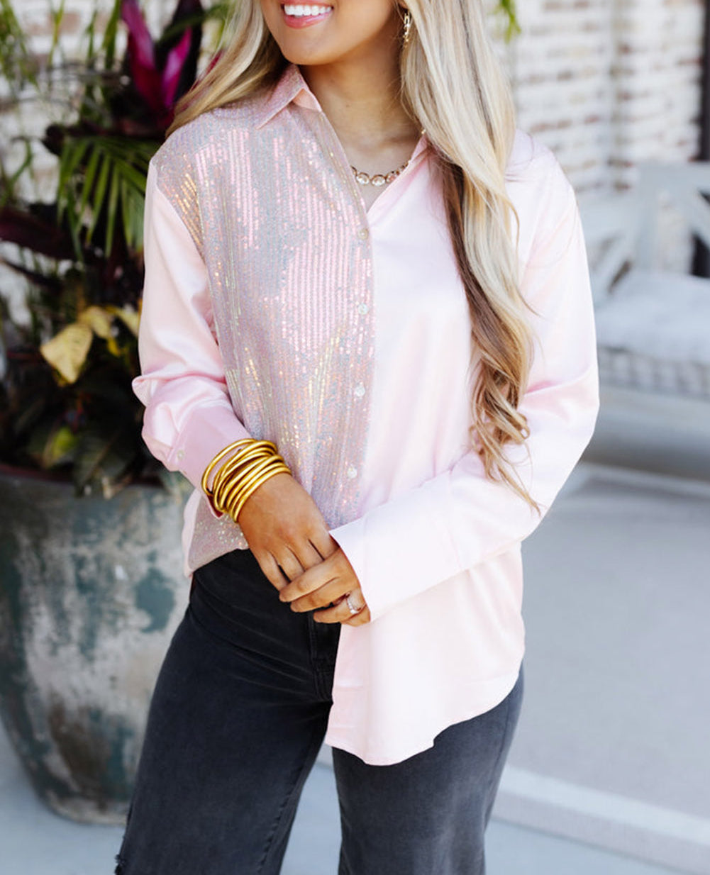 Sequin Colorblock Long Sleeve Shirt