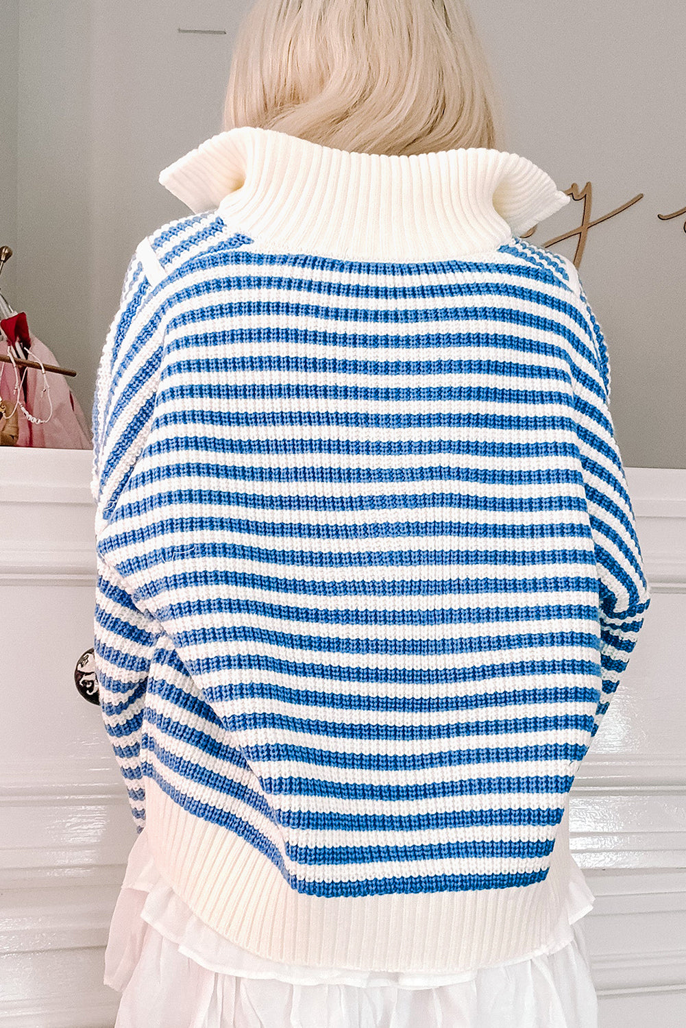 Stripe Zip up Collar Drop Shoulder Sweater