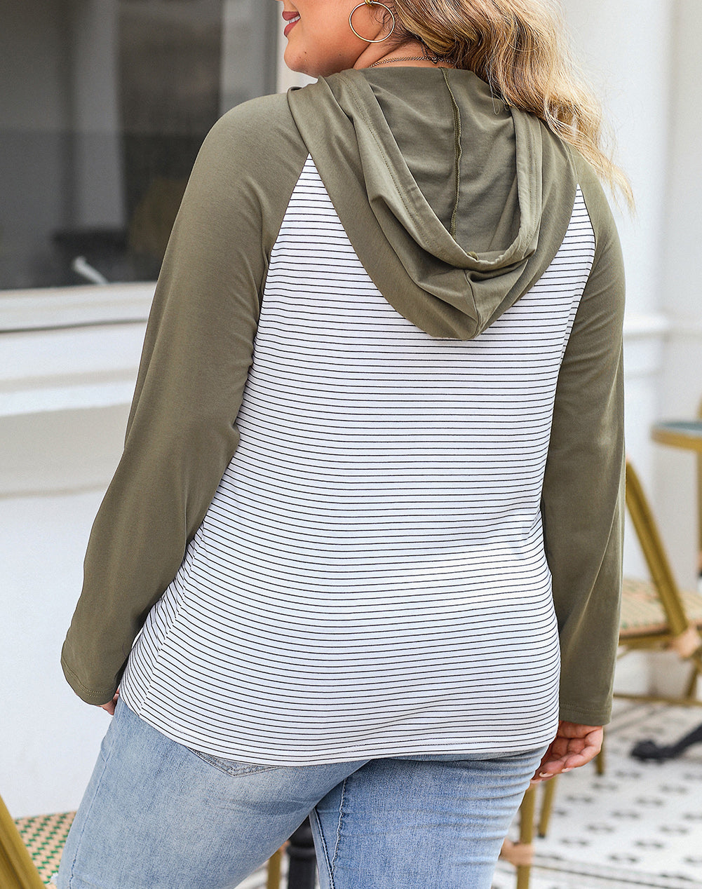 Striped Raglan Sleeve Buttoned Pocket Plus Size Hoodie