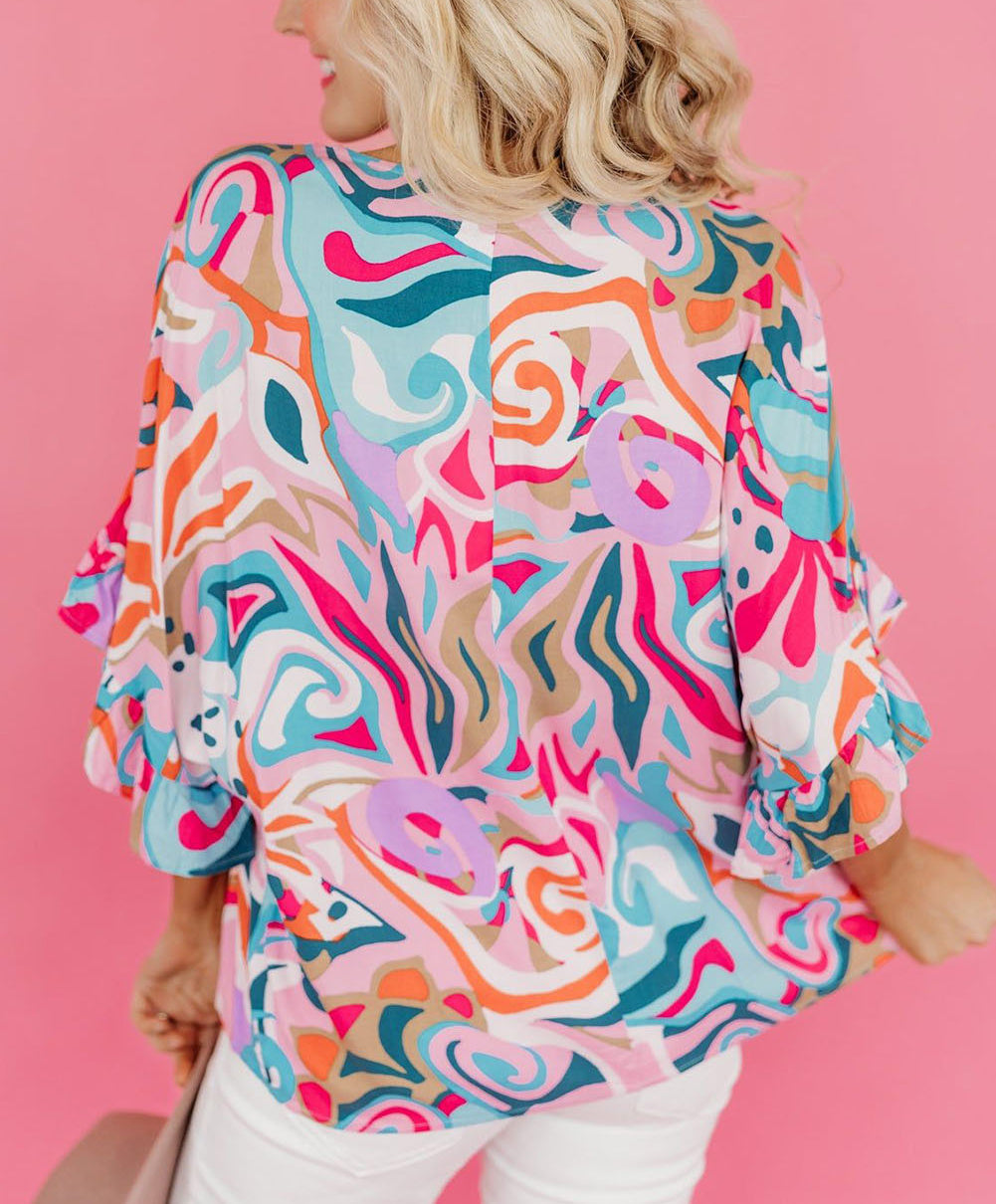 Abstract Print Ruffle V Neck Blouse