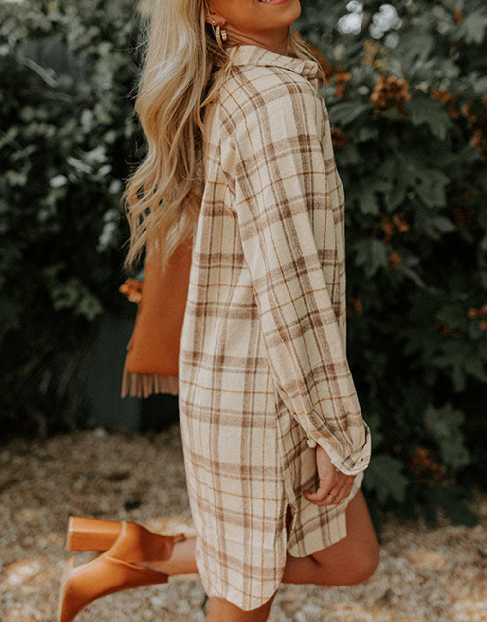 Western Plaid Button Up Loose Shirt Dress