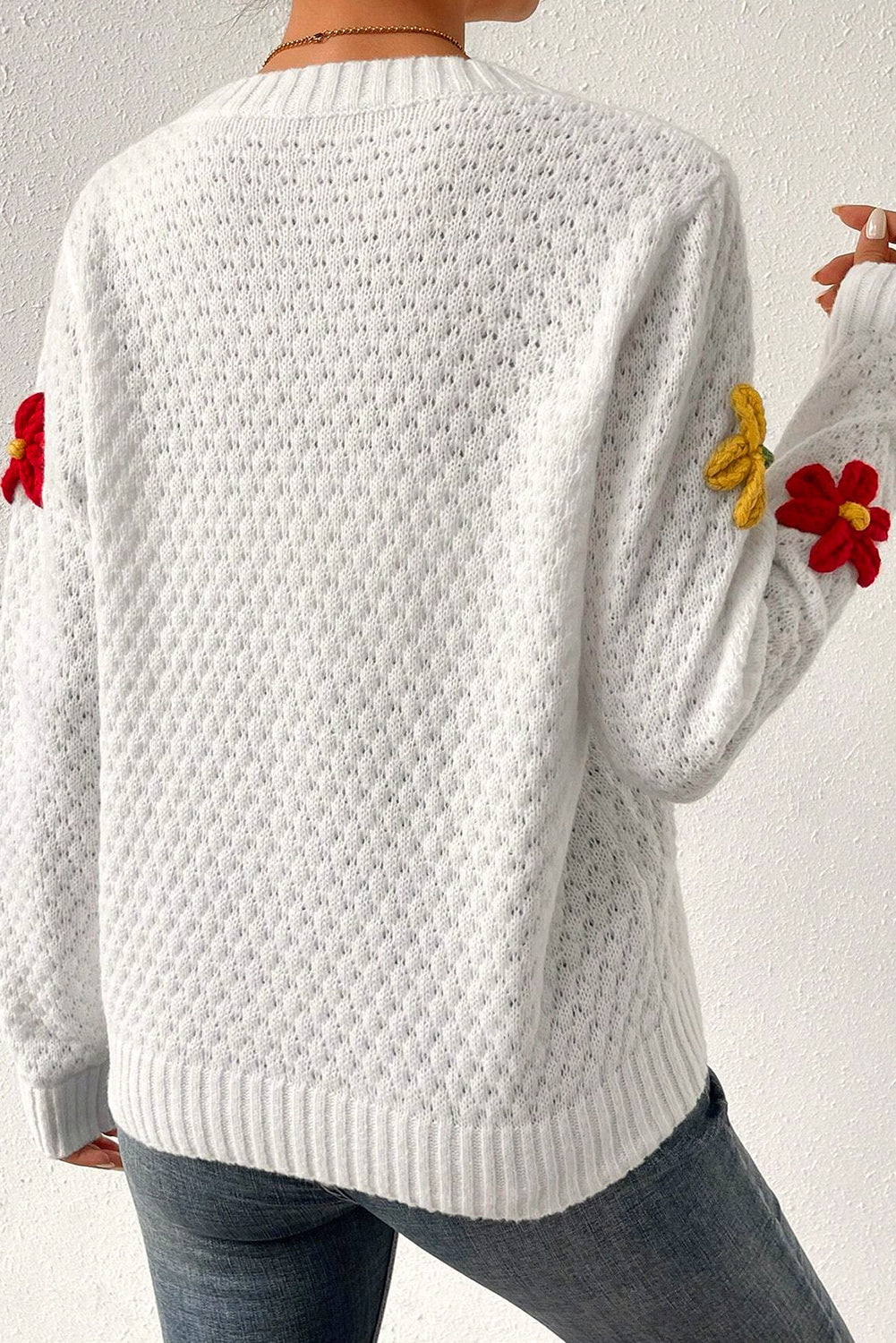 Colorful Flower Applique Textured Knit Sweater