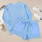 Plus Size Ribbed Long Sleeve Top and Drawstring Shorts Set