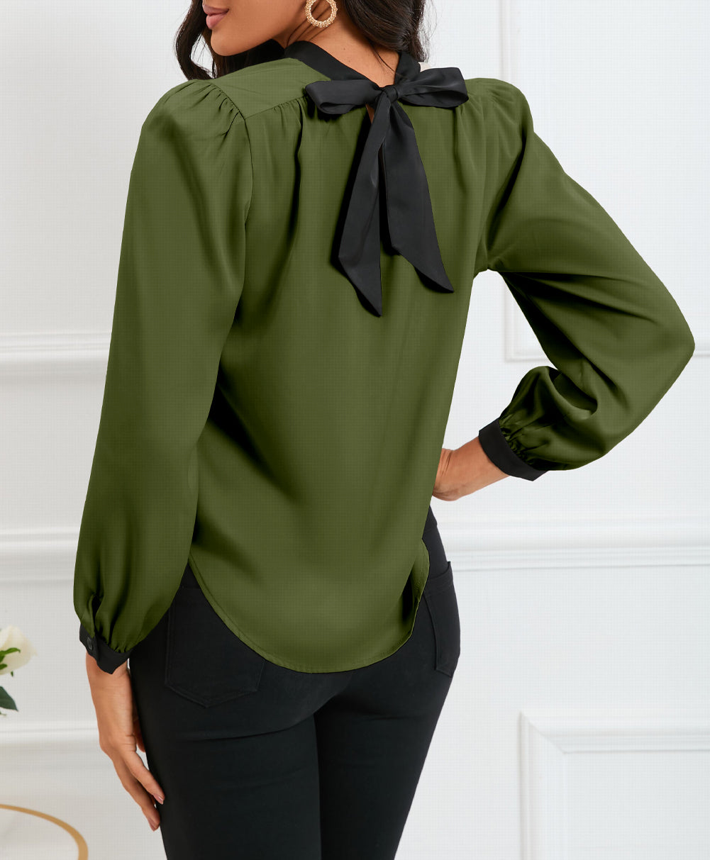Color Block Bow Back Mock Neck Blouse