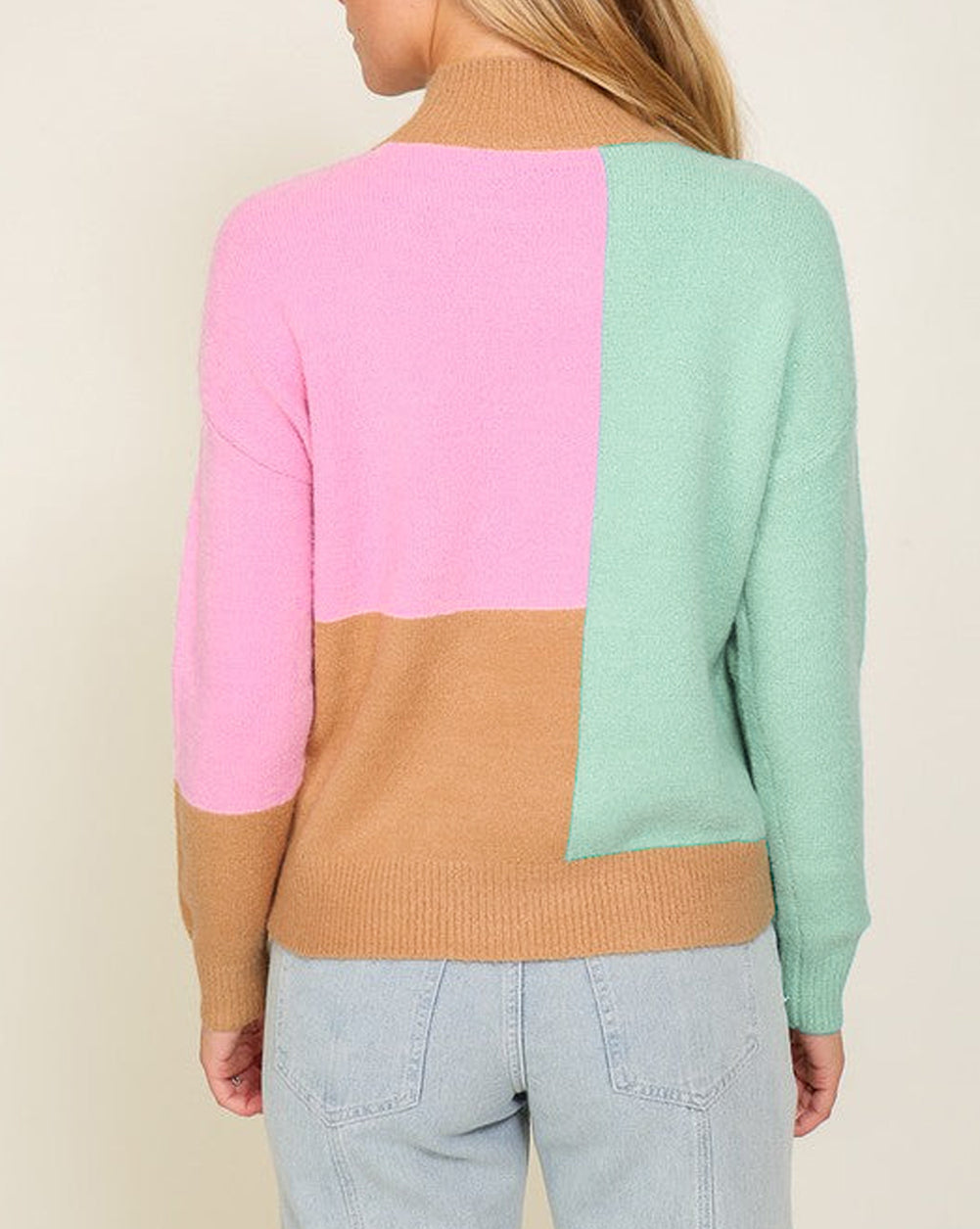 Colorblock Mock Neck Ribbed Trim Sweater
