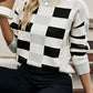 Checkered Ribbed Edge O Neck Drop Shoulder Sweater