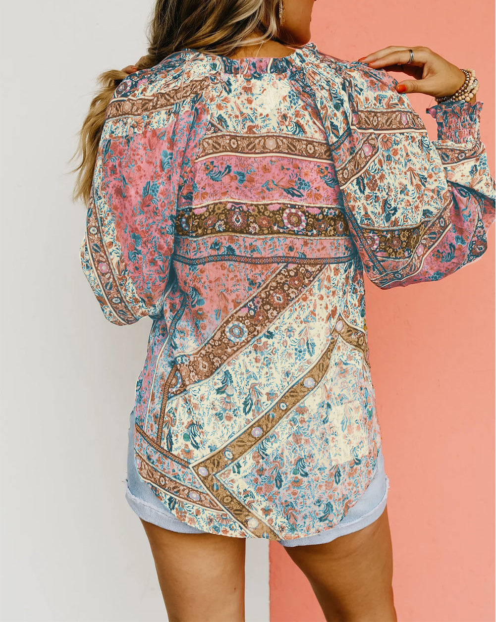 Vintage Floral Print Puff Sleeve Buttoned Shirt