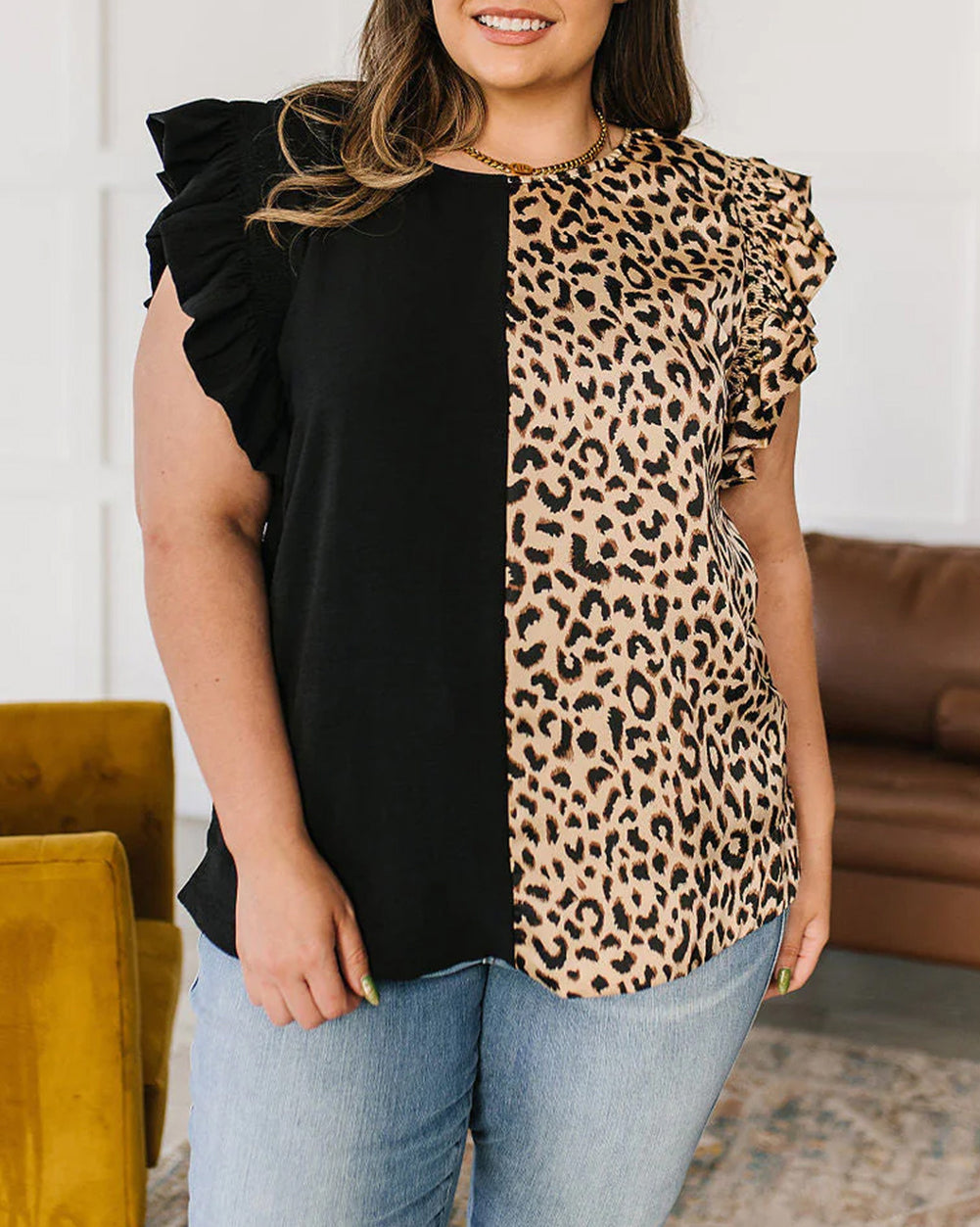 Leopard Contrast Block Flutter Sleeve Plus Size Top