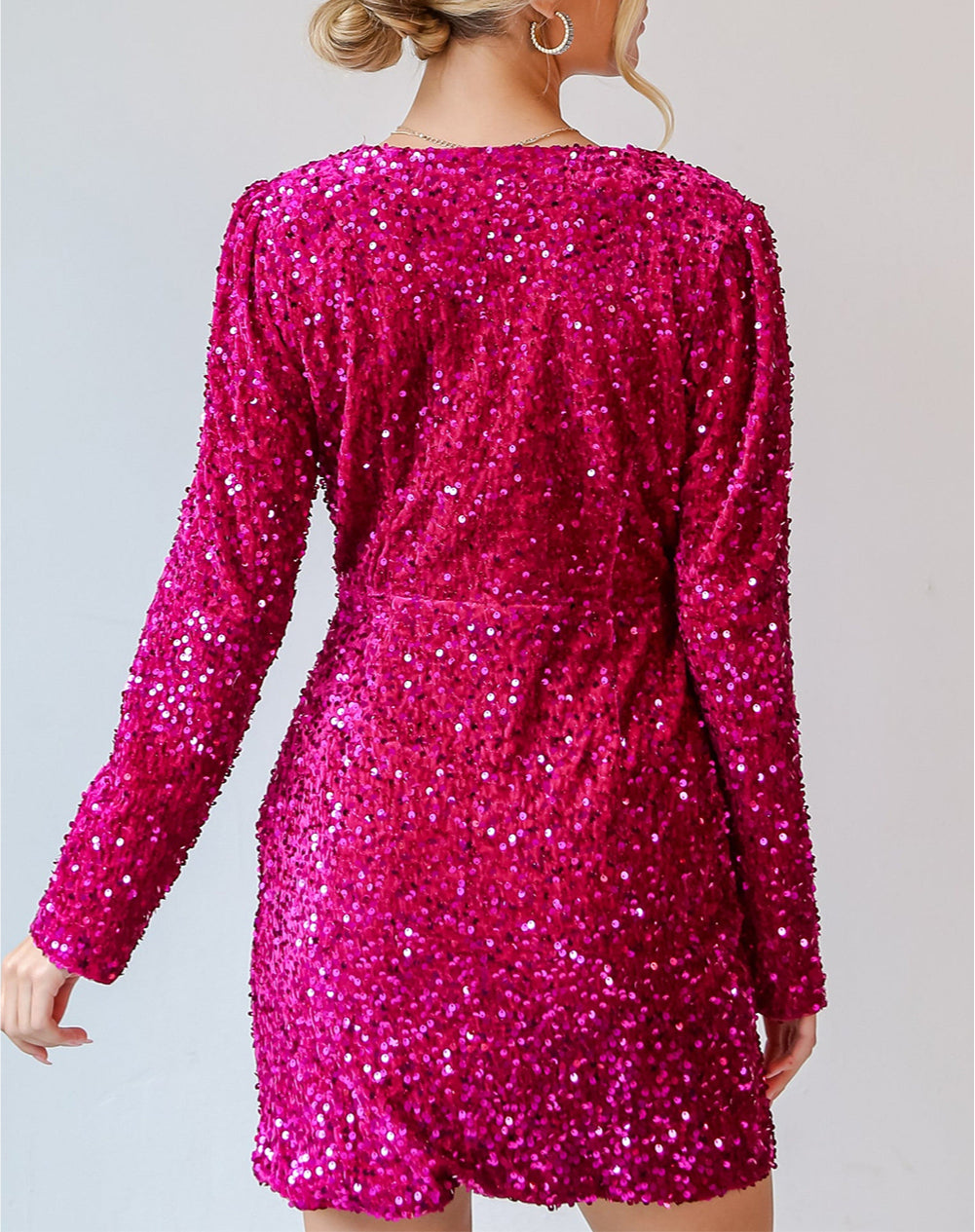 Sequin Long Sleeve V Neck Wrapped Mini Dress