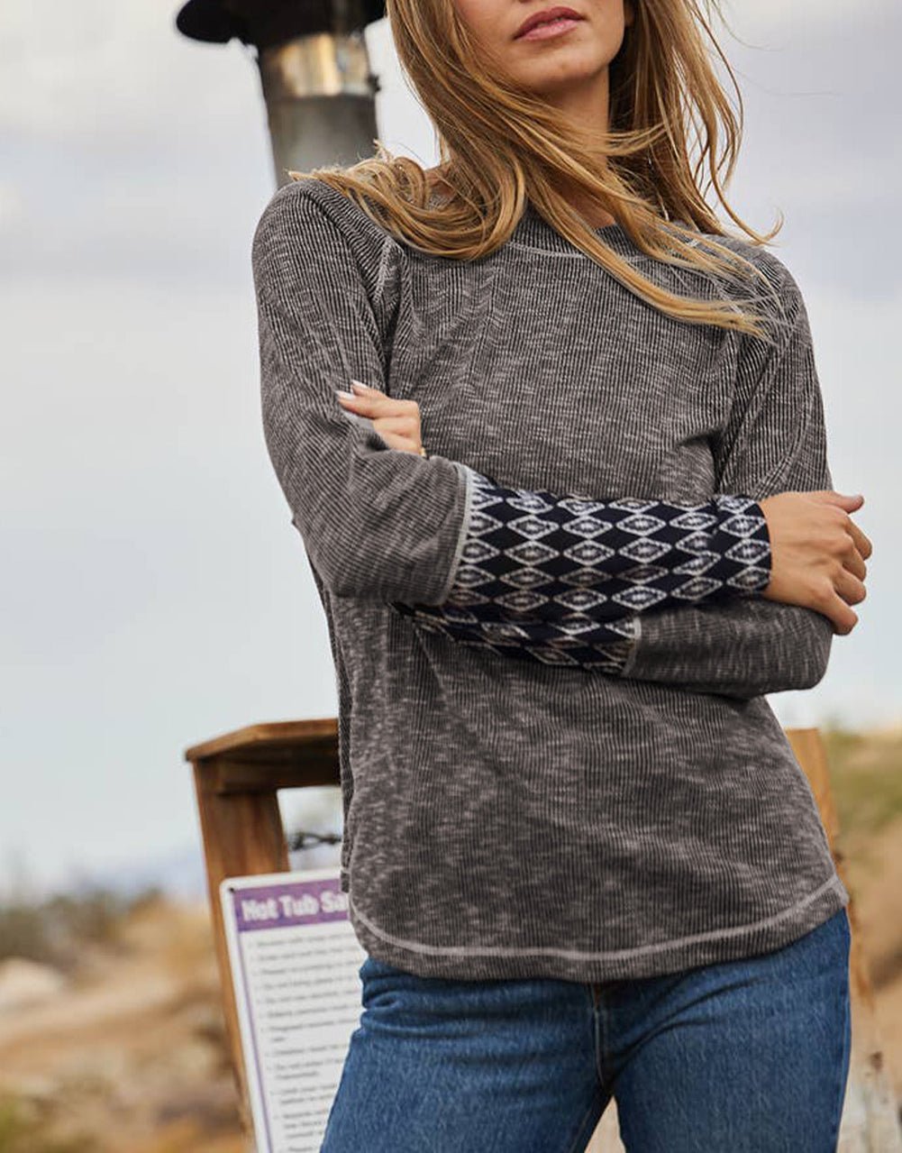 Aztec Patchwork Ribbed Long Sleeve Top