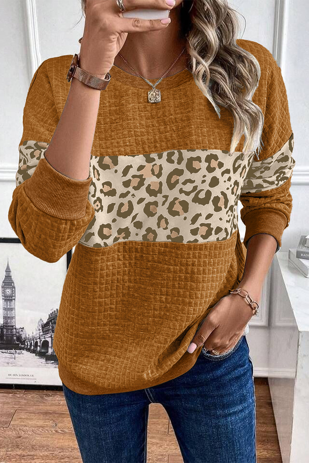 Leopard Quilted Patchwork Crew Neck Sweatshirt