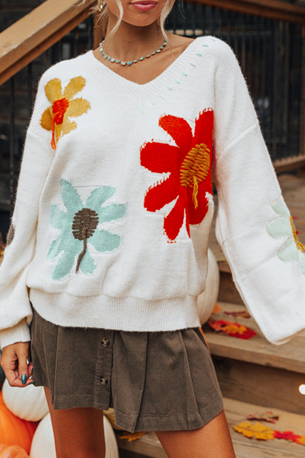 Big Flower Pattern V Neck Drop Shoulder Sweater