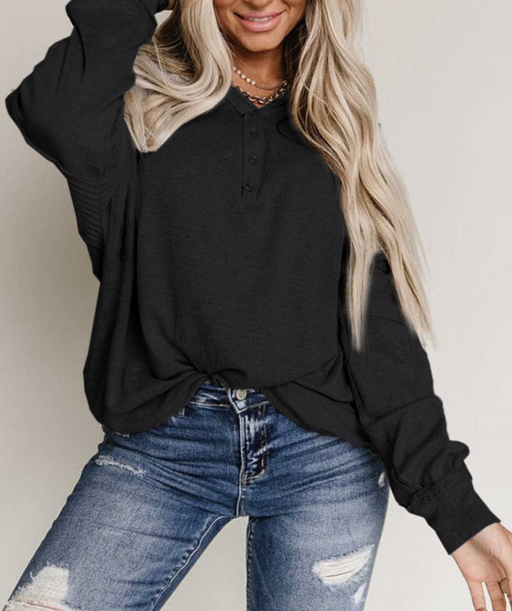 Waffle Patchwork Dolman Sleeve Henley Top