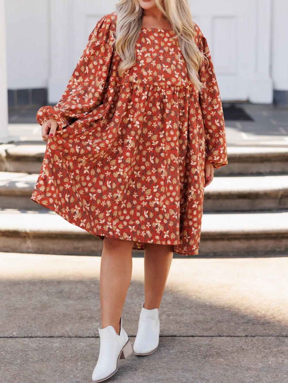 Floral Print Square Neck Bubble Sleeve Plus Size Midi Dress