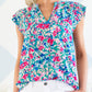 Pleated Flutter Sleeve Tie V Neck Floral Blouse