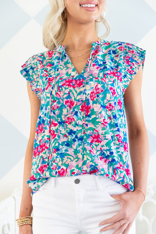 Pleated Flutter Sleeve Tie V Neck Floral Blouse