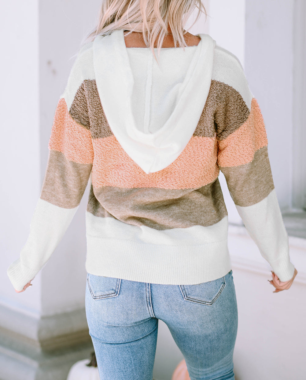 Color Block Knitted Drawstring Hooded Sweater