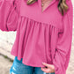 Corded Turn-down V Neck Bubble Sleeve Babydoll Blouse