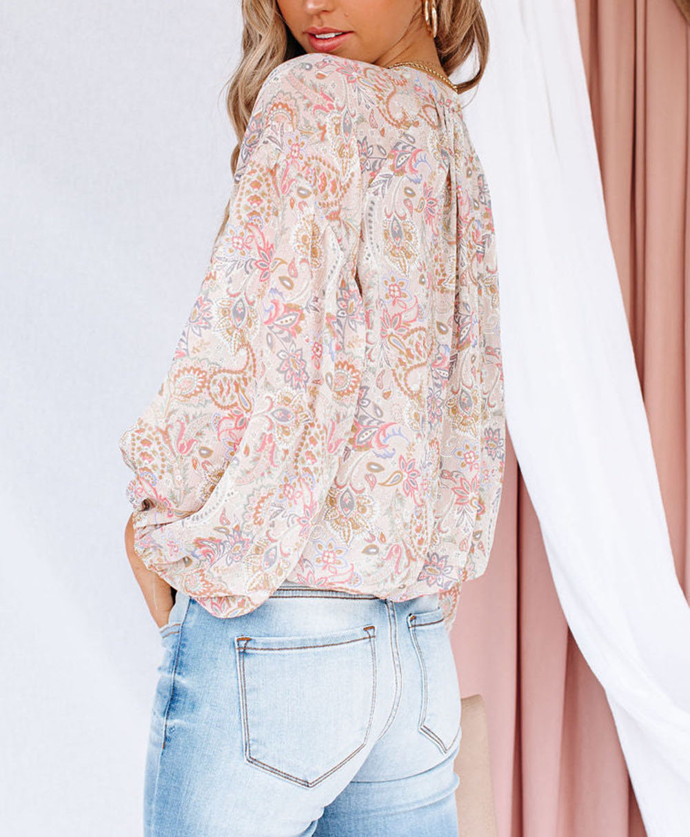 Paisley Print Buttons Bubble Sleeve Blouse