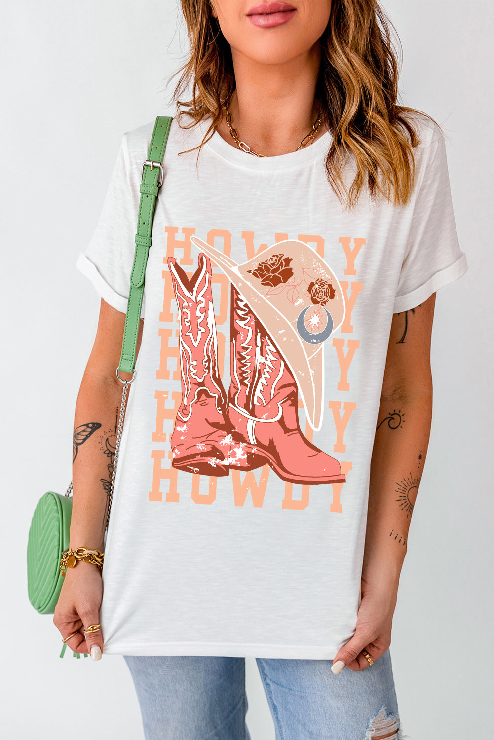 HOWDY Cowboy Boots Graphic Crew Neck T Shirt