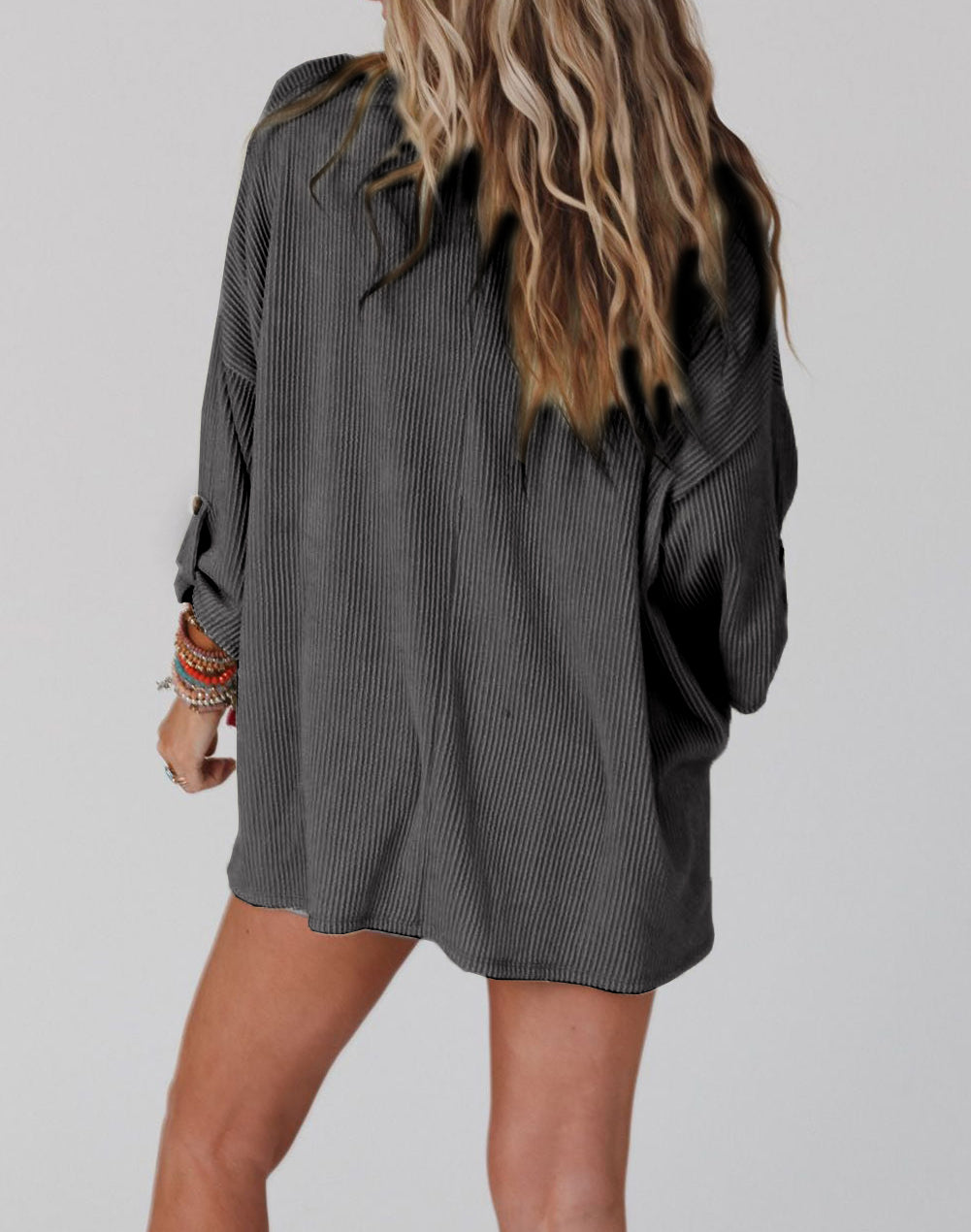 Ribbed Roll-tab Sleeve Chest Pocket Oversize Top